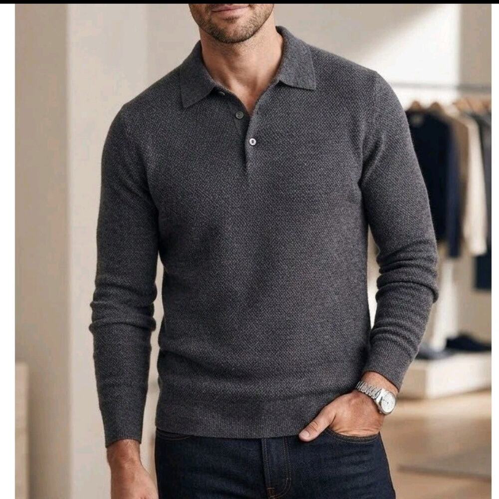 Neiman Marcus Charcoal Gray 100% Merino Wool Polo Collar Pullover Sweater Size M